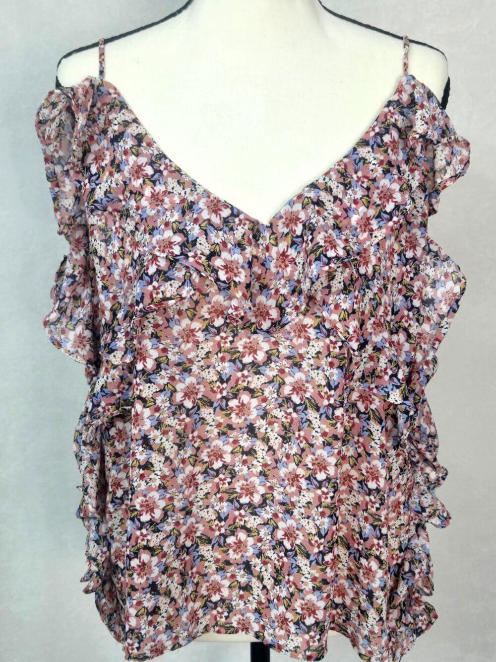 Zara Top Floral Ruffle Camisole Tiered Strappy Tank VNeck Large Coquette Boho